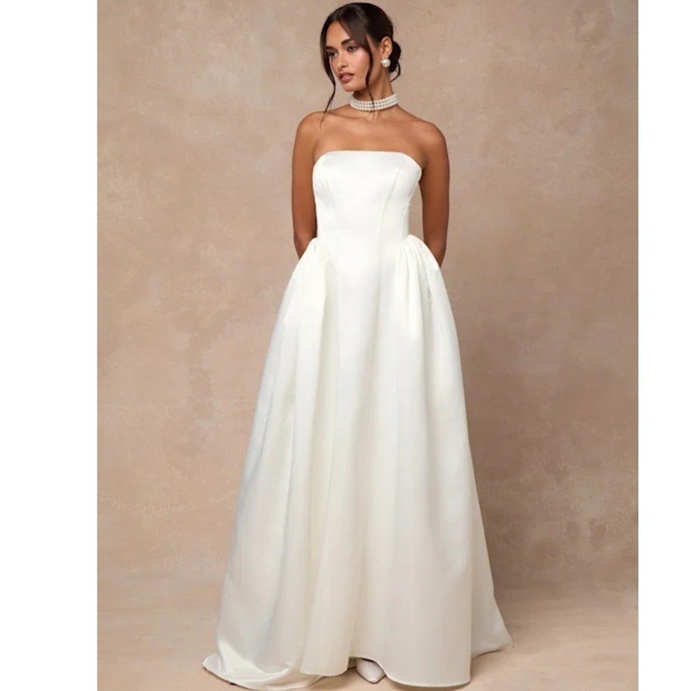 Lulus Bennett White Satin Strapless A-Line Maxi Dress Gown Size Large